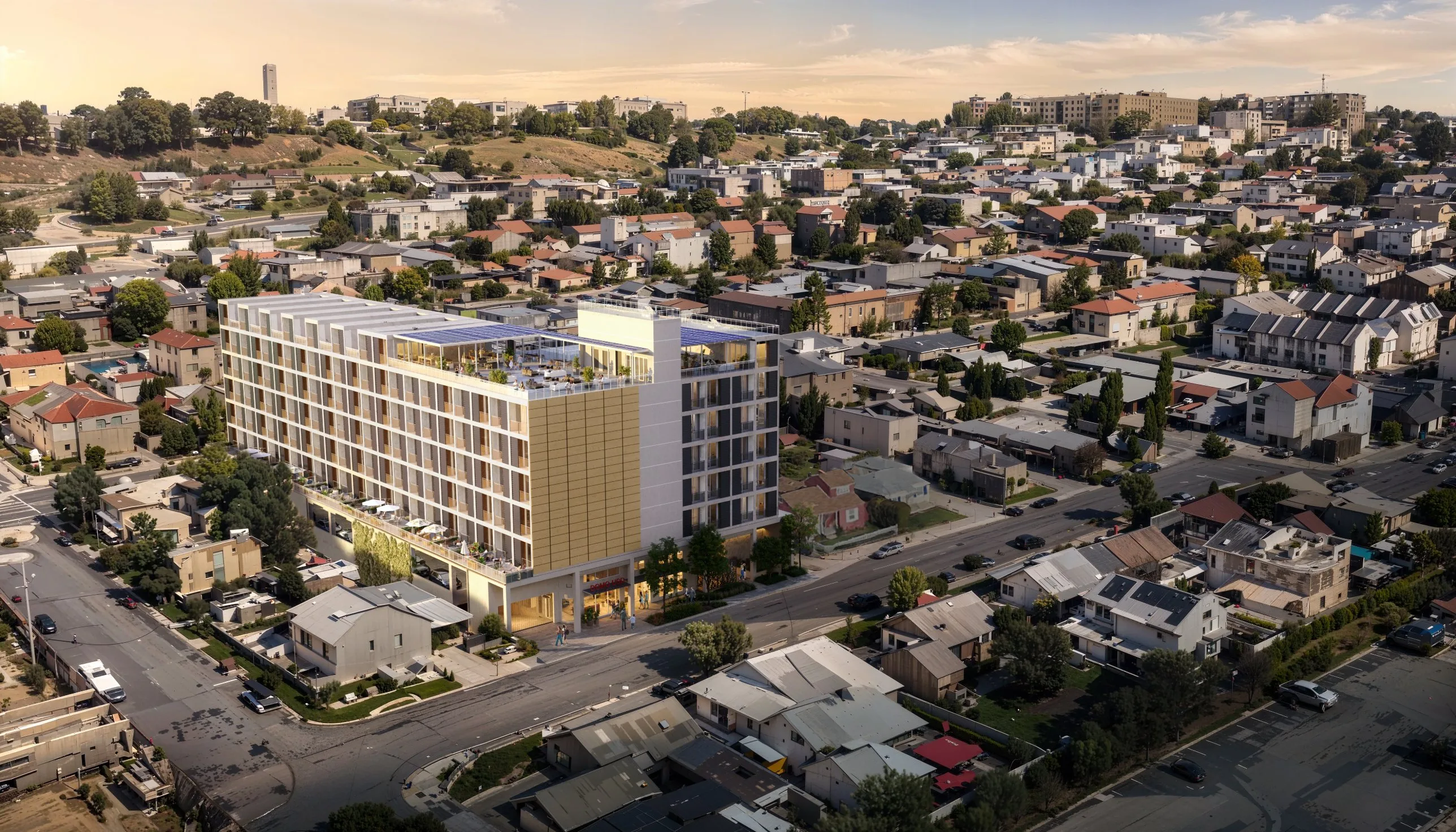 Rendering of Domo's second San Diego community on Riley Street, an eight-story building with rooftop solar